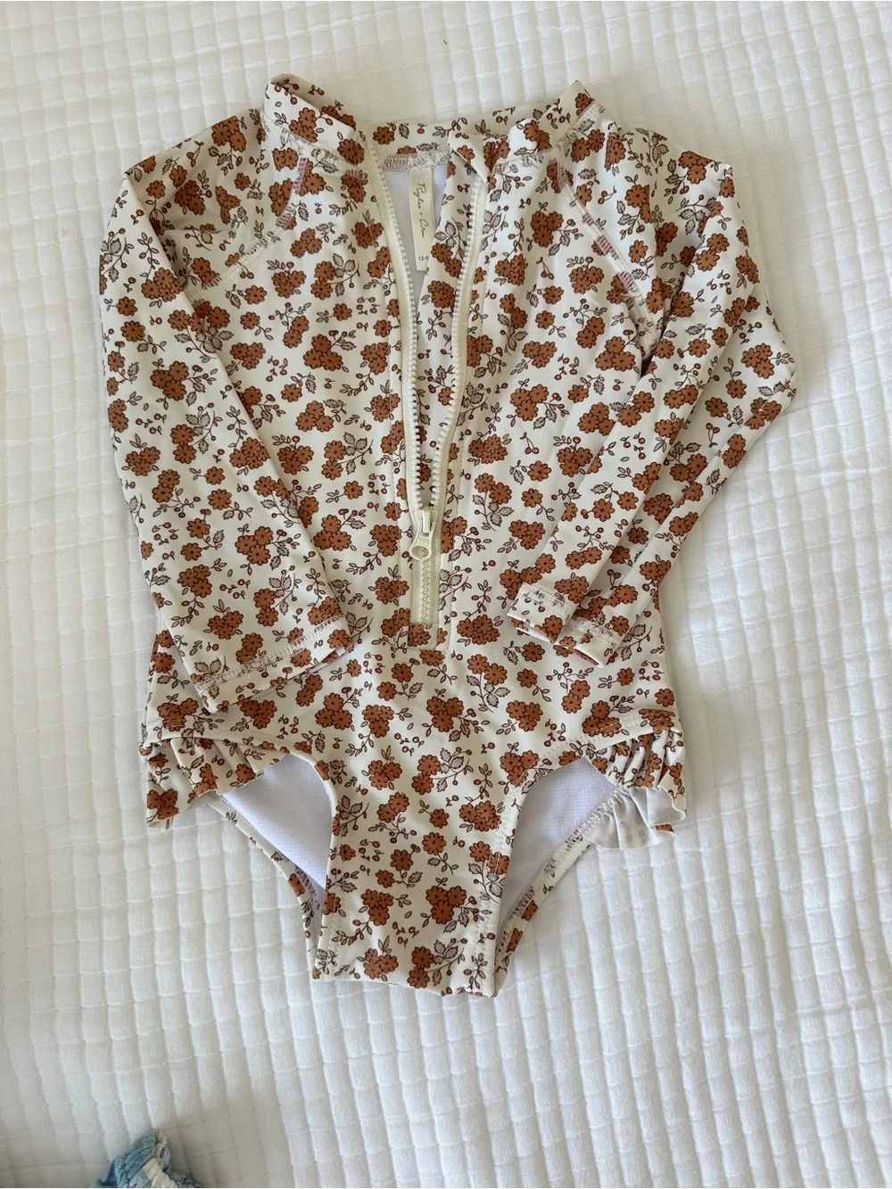 Rylee + Cru Cream Long-Sleeve One-Piece with Brown Floral Print